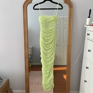 HOUSE OF CB Fornarina Lime Green Sexy Ruched Bustier Sheer Organza Midi Dress